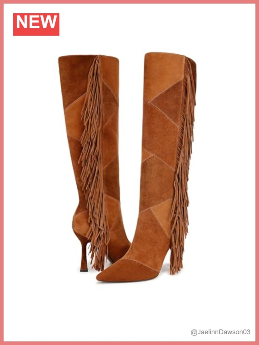 Knee High Leather Boots with Fringe Pointed Toe Flare Heel
